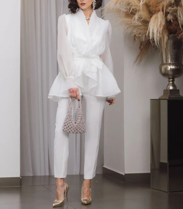 [Copy]Dusty Blue One-Shoulder Maxi Dress with Ruffle Skirt & 3D Flower Detail