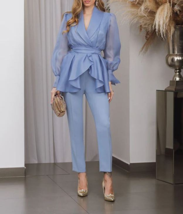 [Copy]Dusty Blue One-Shoulder Maxi Dress with Ruffle Skirt & 3D Flower Detail