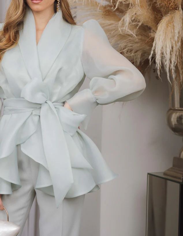 [Copy]Dusty Blue One-Shoulder Maxi Dress with Ruffle Skirt & 3D Flower Detail