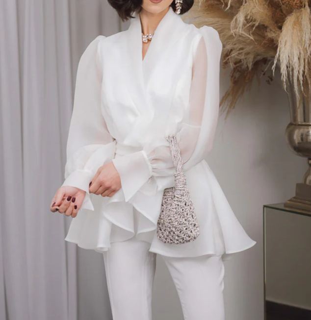 [Copy]Dusty Blue One-Shoulder Maxi Dress with Ruffle Skirt & 3D Flower Detail