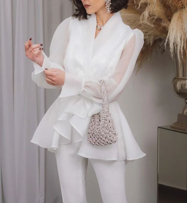 [Copy]Dusty Blue One-Shoulder Maxi Dress with Ruffle Skirt & 3D Flower Detail