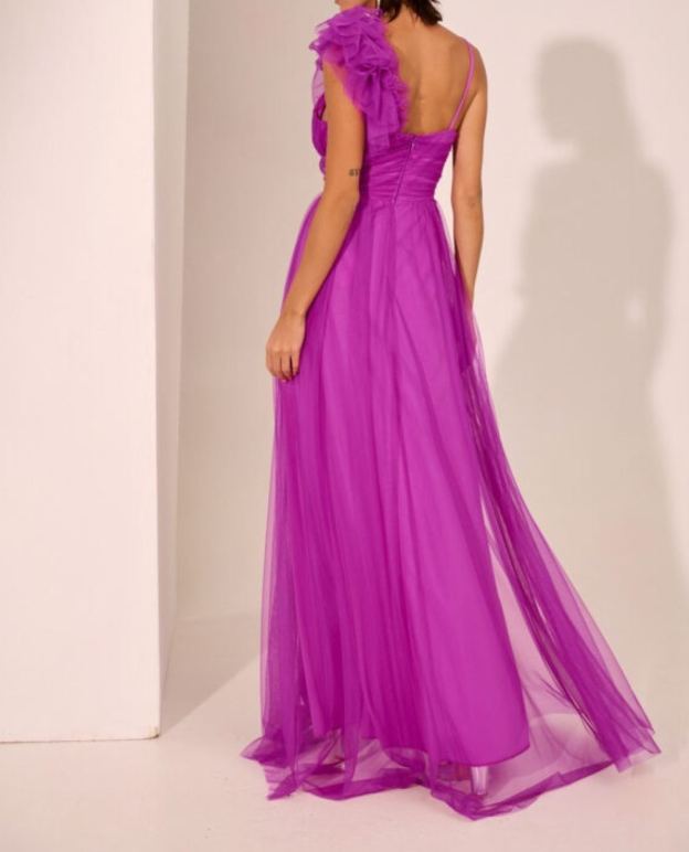 [Copy]Burgundy Red Off-the-Shoulder Maxi Dress with 3D Ruffle Neck & Pleated Skirt