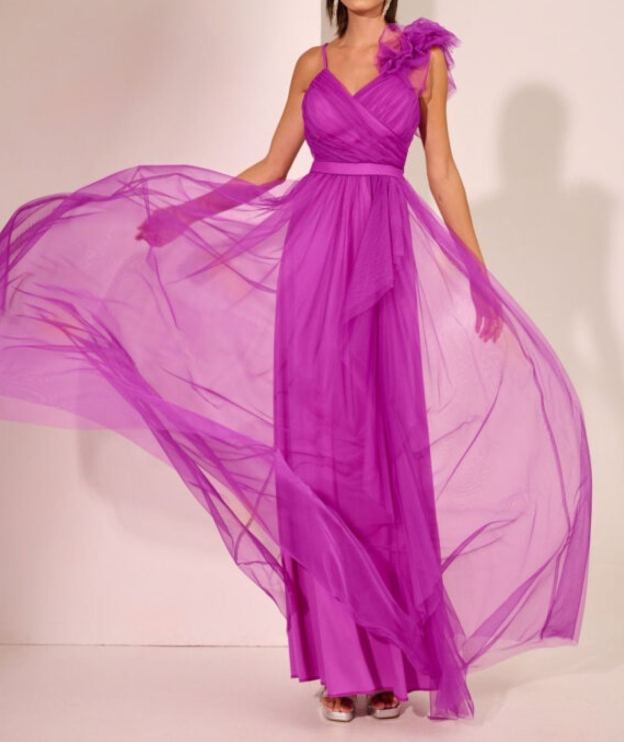 [Copy]Burgundy Red Off-the-Shoulder Maxi Dress with 3D Ruffle Neck & Pleated Skirt