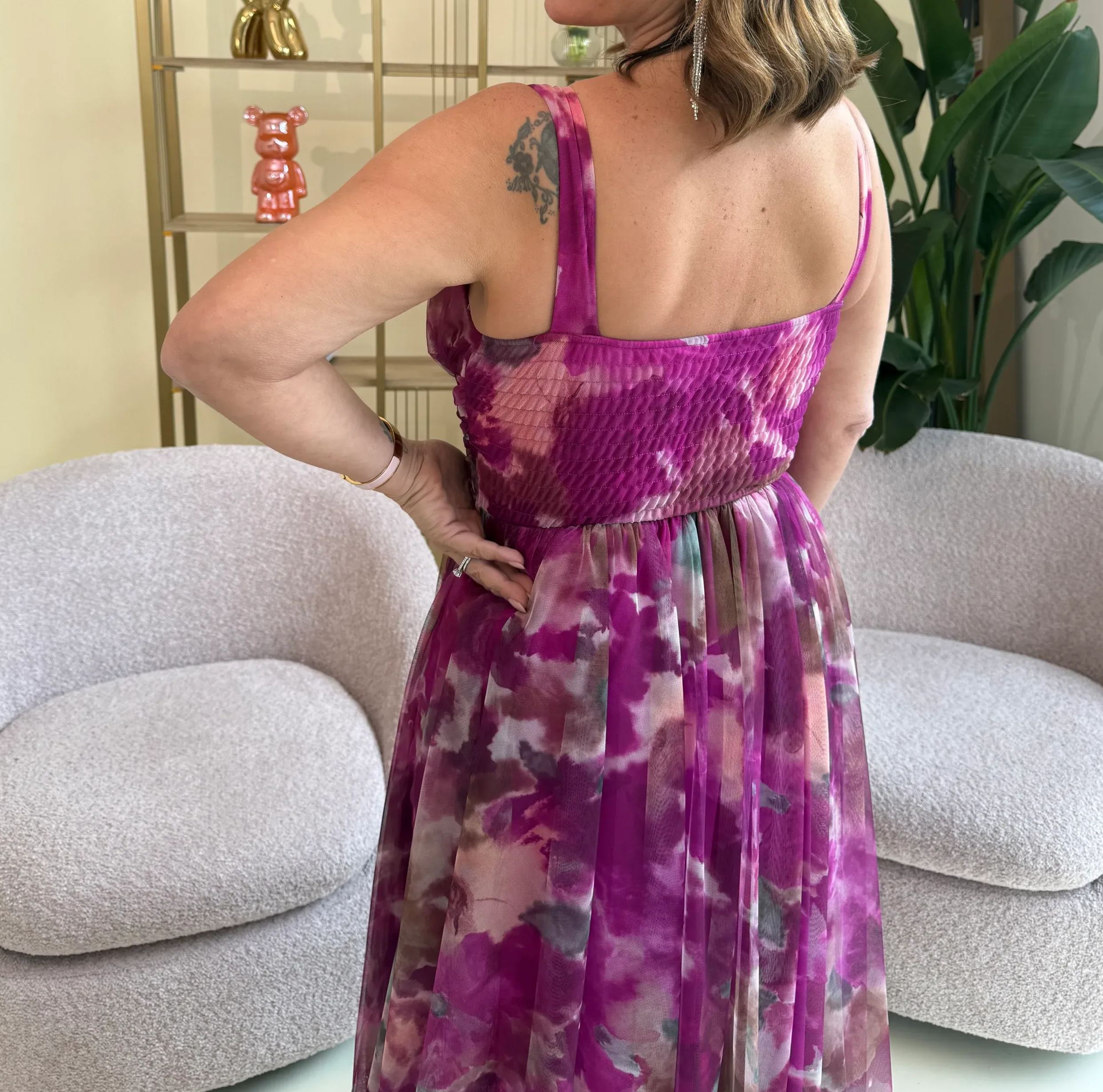 [Copy]Vibrant Purple Tulle Maxi Dress with Asymmetric Ruffle Shoulder & Flowy Skirt