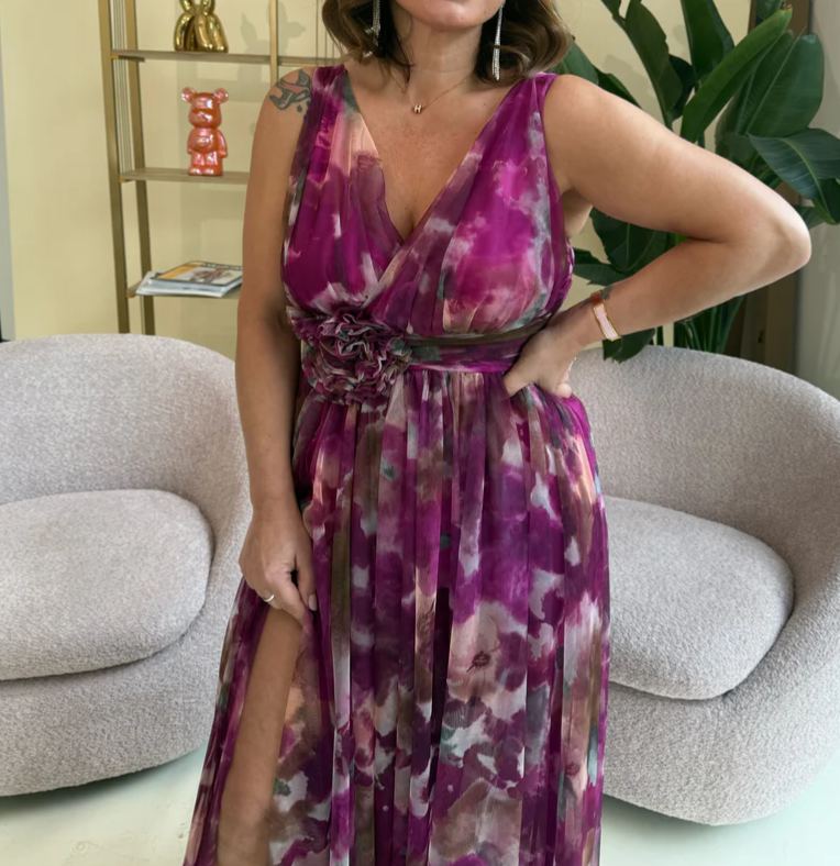 [Copy]Vibrant Purple Tulle Maxi Dress with Asymmetric Ruffle Shoulder & Flowy Skirt