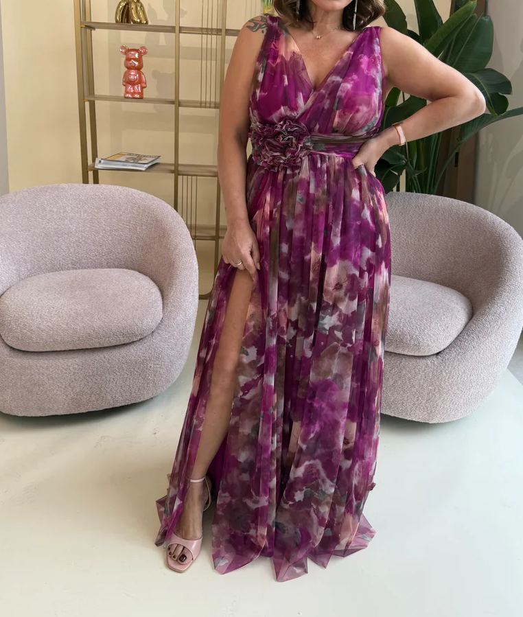 [Copy]Vibrant Purple Tulle Maxi Dress with Asymmetric Ruffle Shoulder & Flowy Skirt