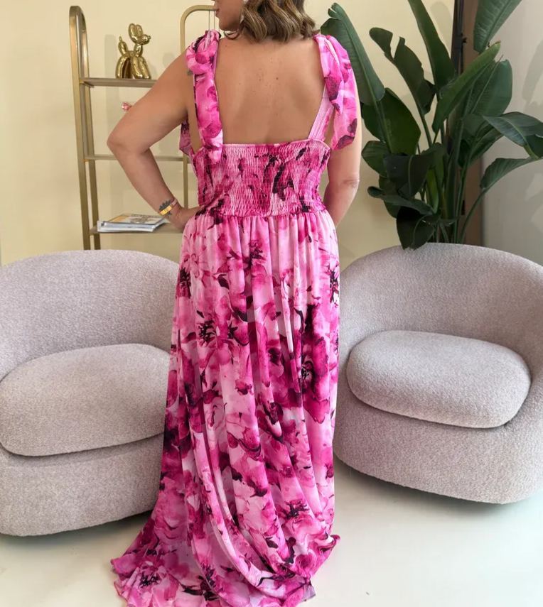 [Copy]Fuchsia Watercolor Print Chiffon Maxi Dress with 3D Flower & High Slit