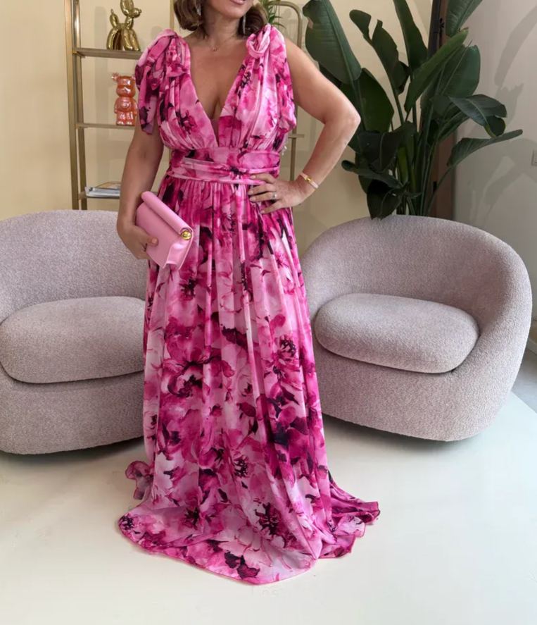 [Copy]Fuchsia Watercolor Print Chiffon Maxi Dress with 3D Flower & High Slit