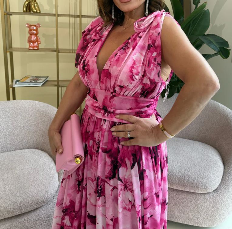 [Copy]Fuchsia Watercolor Print Chiffon Maxi Dress with 3D Flower & High Slit