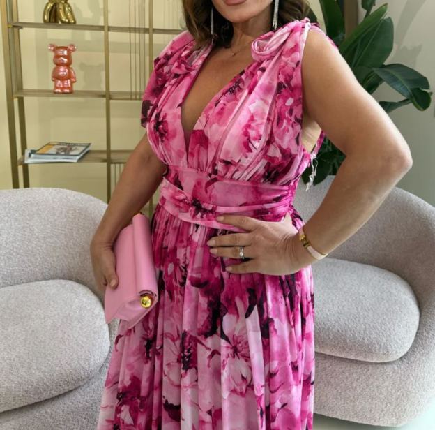 [Copy]Fuchsia Watercolor Print Chiffon Maxi Dress with 3D Flower & High Slit