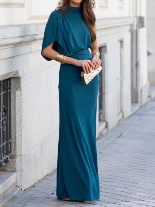 [Copy]Navy Blue & Light Blue One-Shoulder Mermaid Maxi Dress with Draped Chiffon