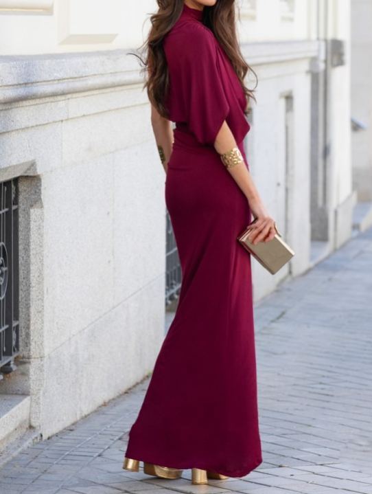 [Copy]Teal Asymmetric Draped Maxi Dress with High Neck & Ruched Waist