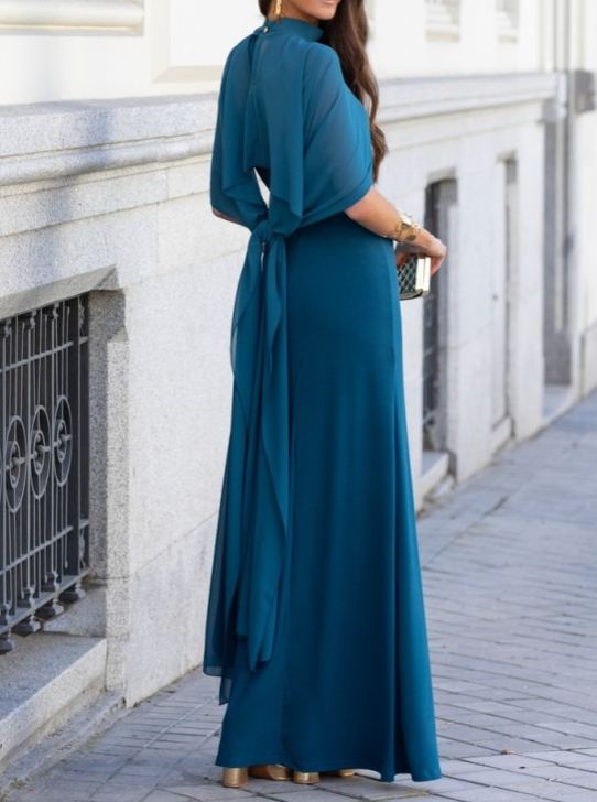 [Copy]Burgundy Asymmetric Draped Maxi Dress with High Neck & Ruched Waist