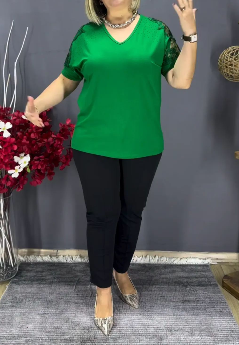 [Copy]Plus Size Brown V-Neck Top with Sequin Trim & Pocket Detail