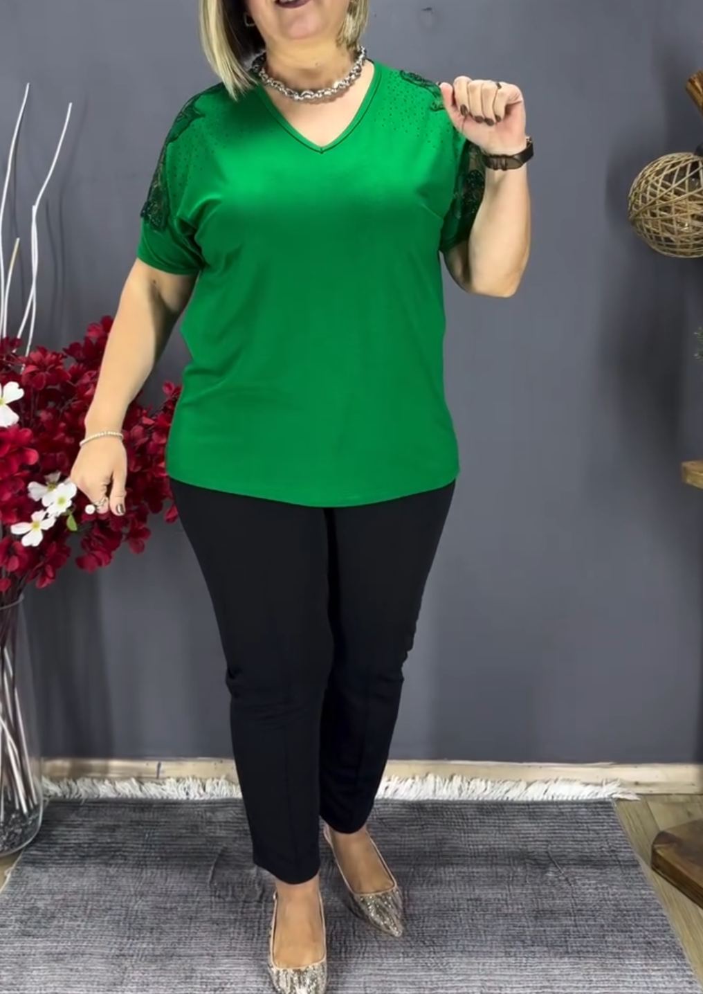 [Copy]Plus Size Brown V-Neck Top with Sequin Trim & Pocket Detail