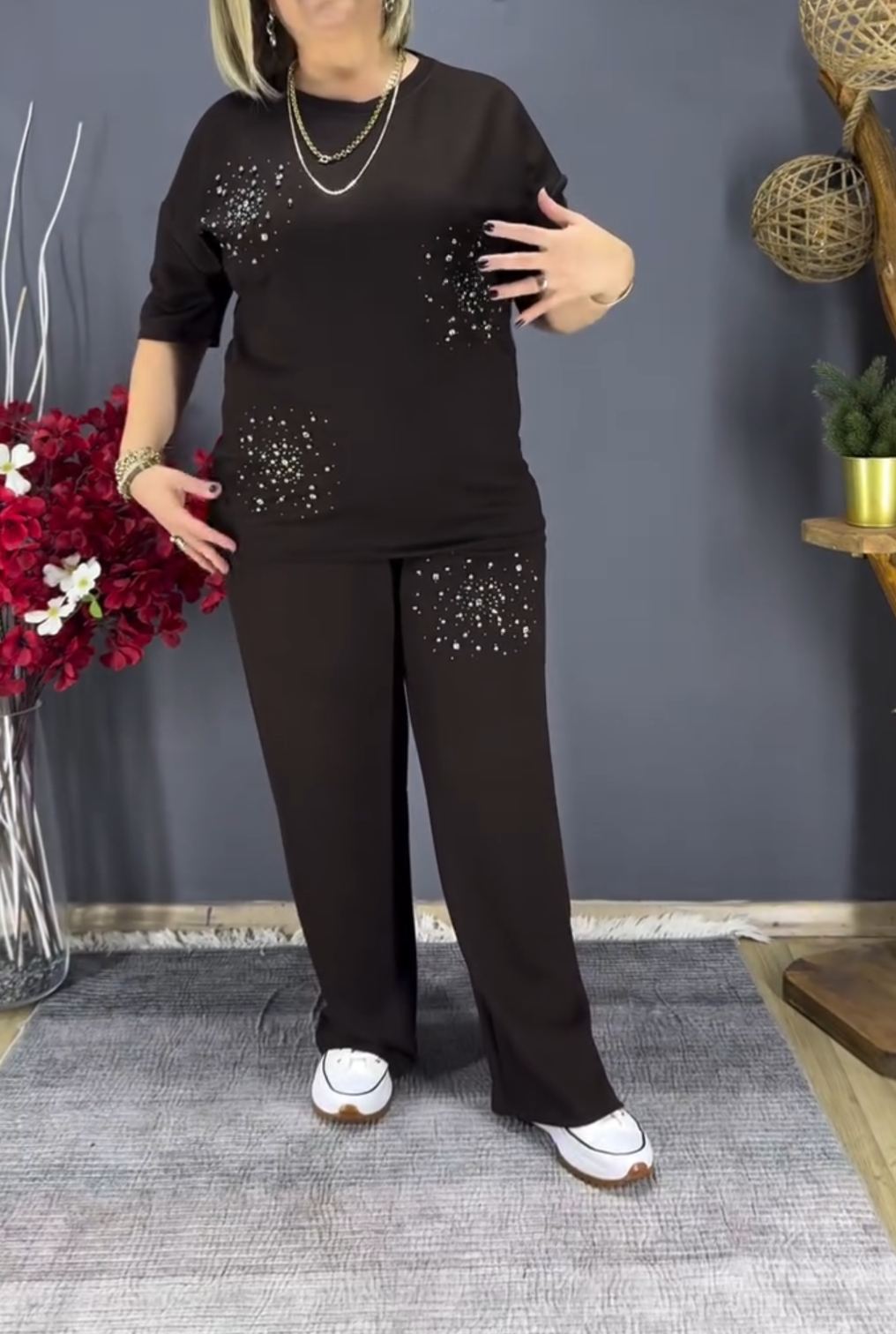 [Copy]Plus Size Black Rhinestone Raindrop Two-Piece Loungewear Set