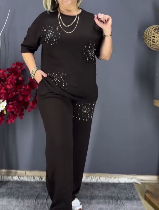 [Copy]Plus Size Black Rhinestone Raindrop Two-Piece Loungewear Set