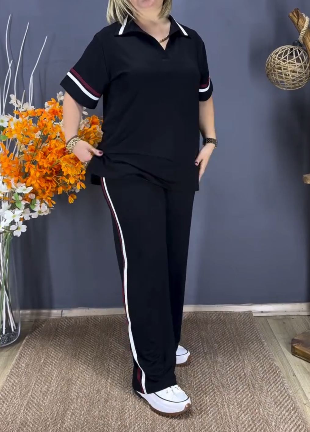 [Copy]Plus Size Brown Half-Zip Polo Two-Piece Loungewear Set with Stud Detail