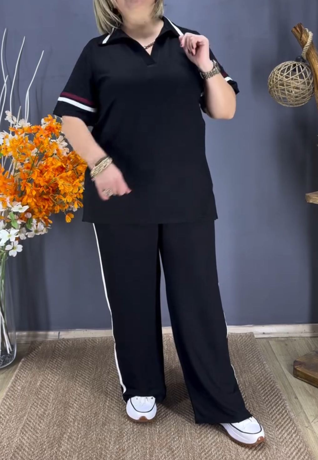 [Copy]Plus Size Brown Half-Zip Polo Two-Piece Loungewear Set with Stud Detail