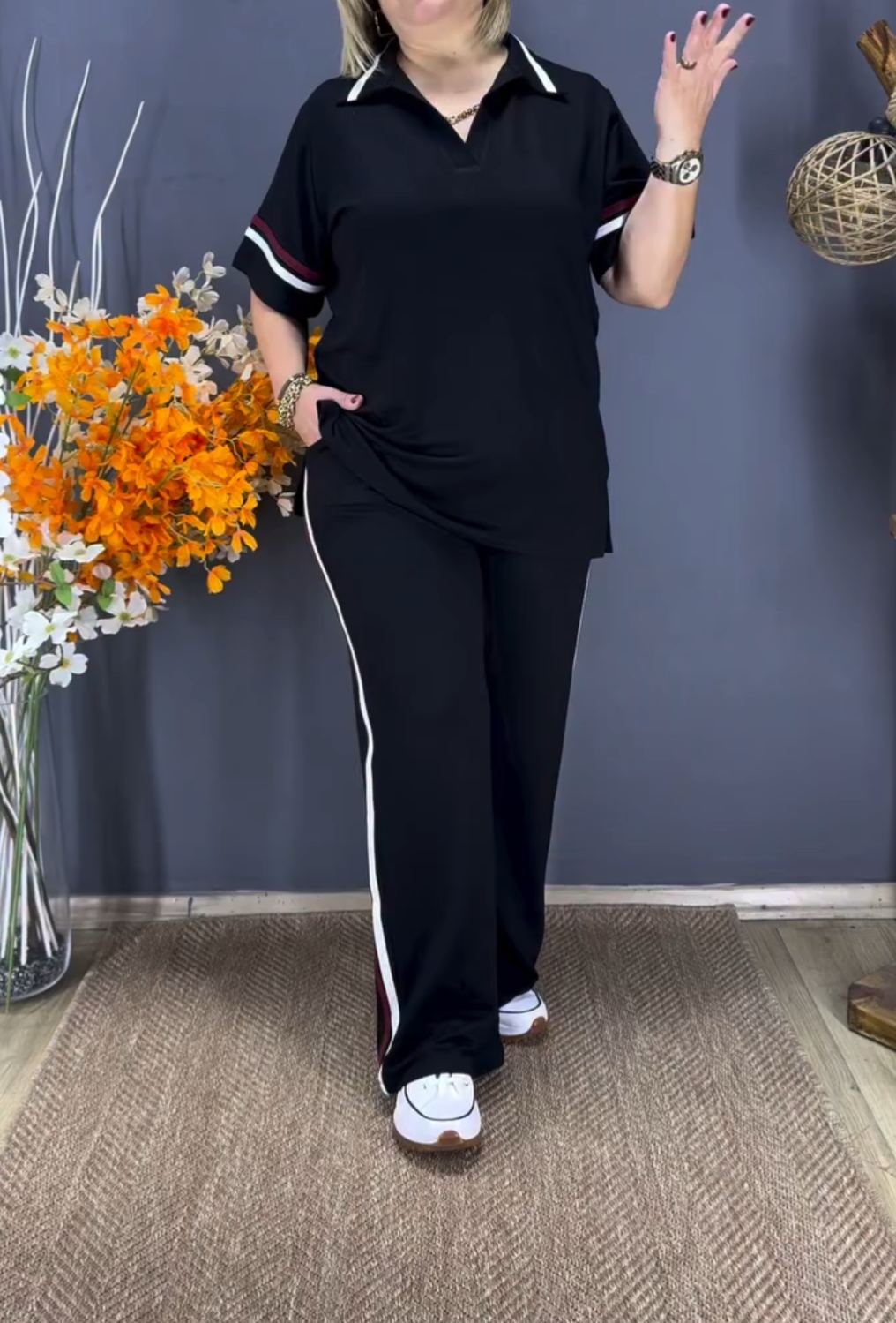 [Copy]Plus Size Brown Half-Zip Polo Two-Piece Loungewear Set with Stud Detail