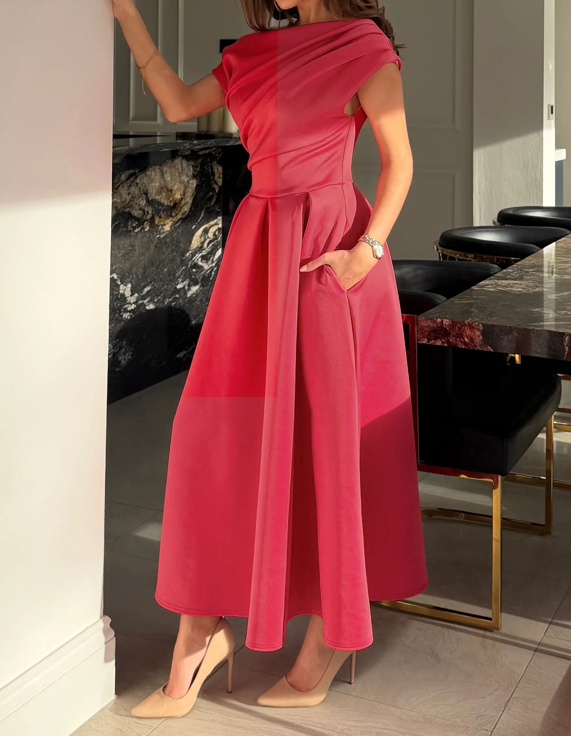 [Copy]Plus Size Navy Blue Chiffon Ruched Waist Midi Dress