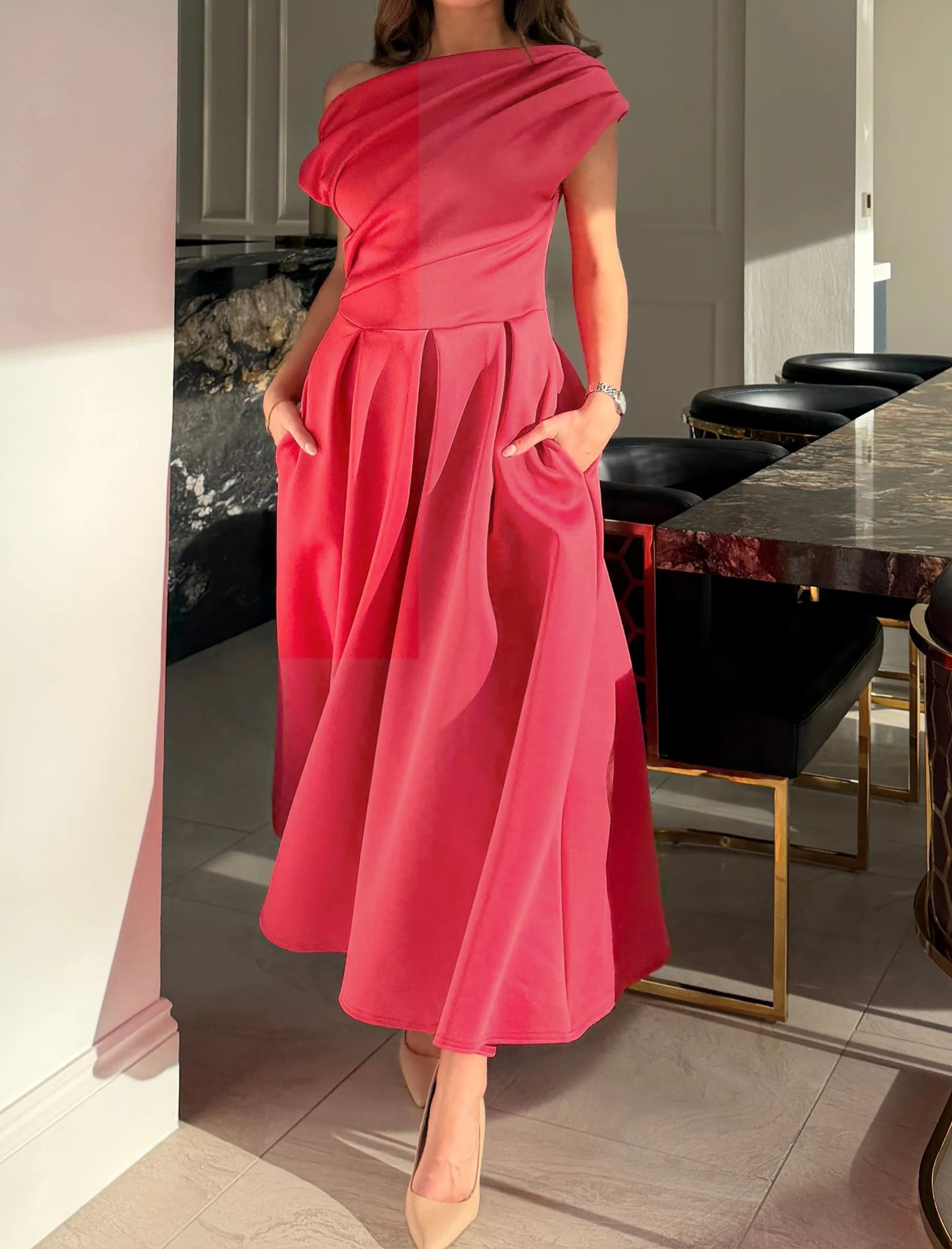 [Copy]Plus Size Navy Blue Chiffon Ruched Waist Midi Dress