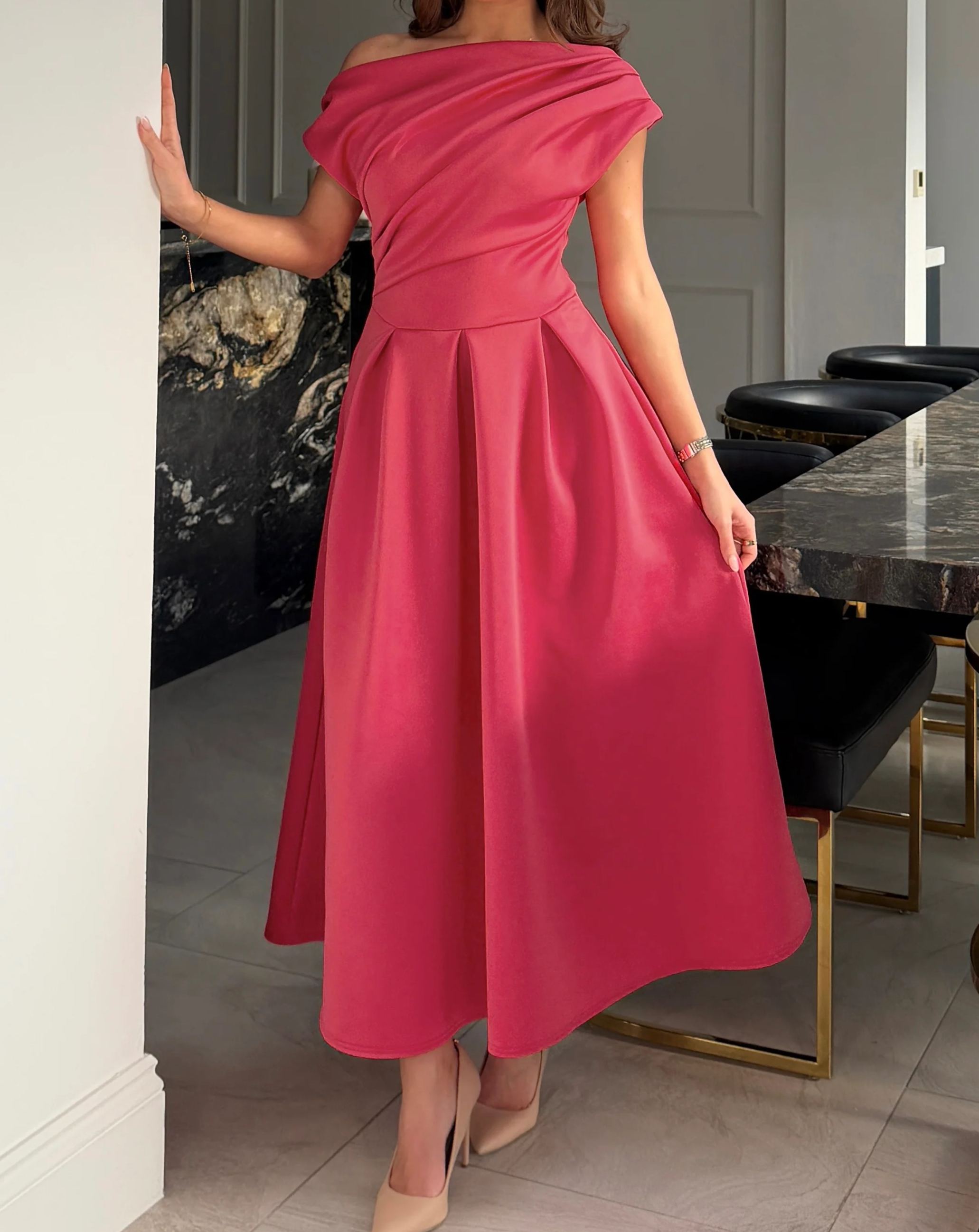 [Copy]Plus Size Navy Blue Chiffon Ruched Waist Midi Dress