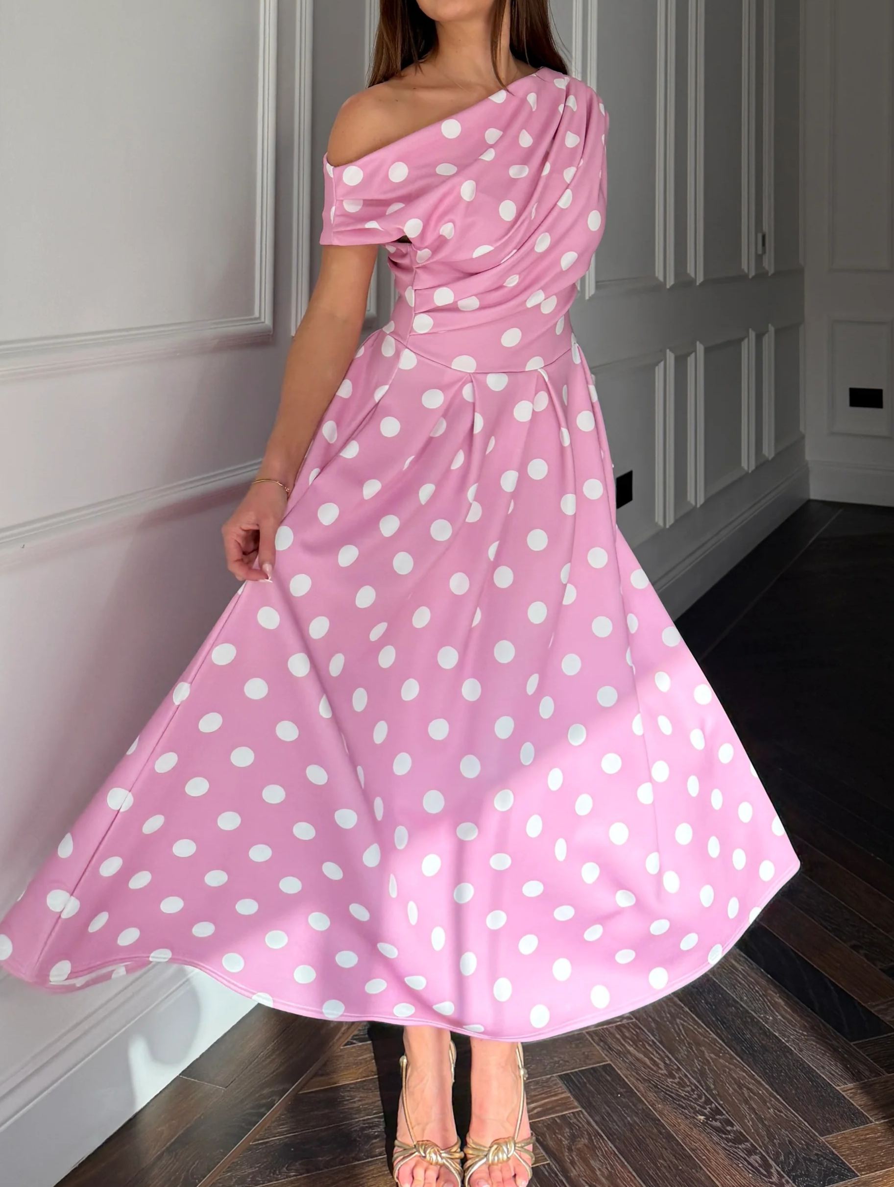 [Copy]Elegant Off-Shoulder Midi Dress for Women, Pink Formal Cocktail Party Dress