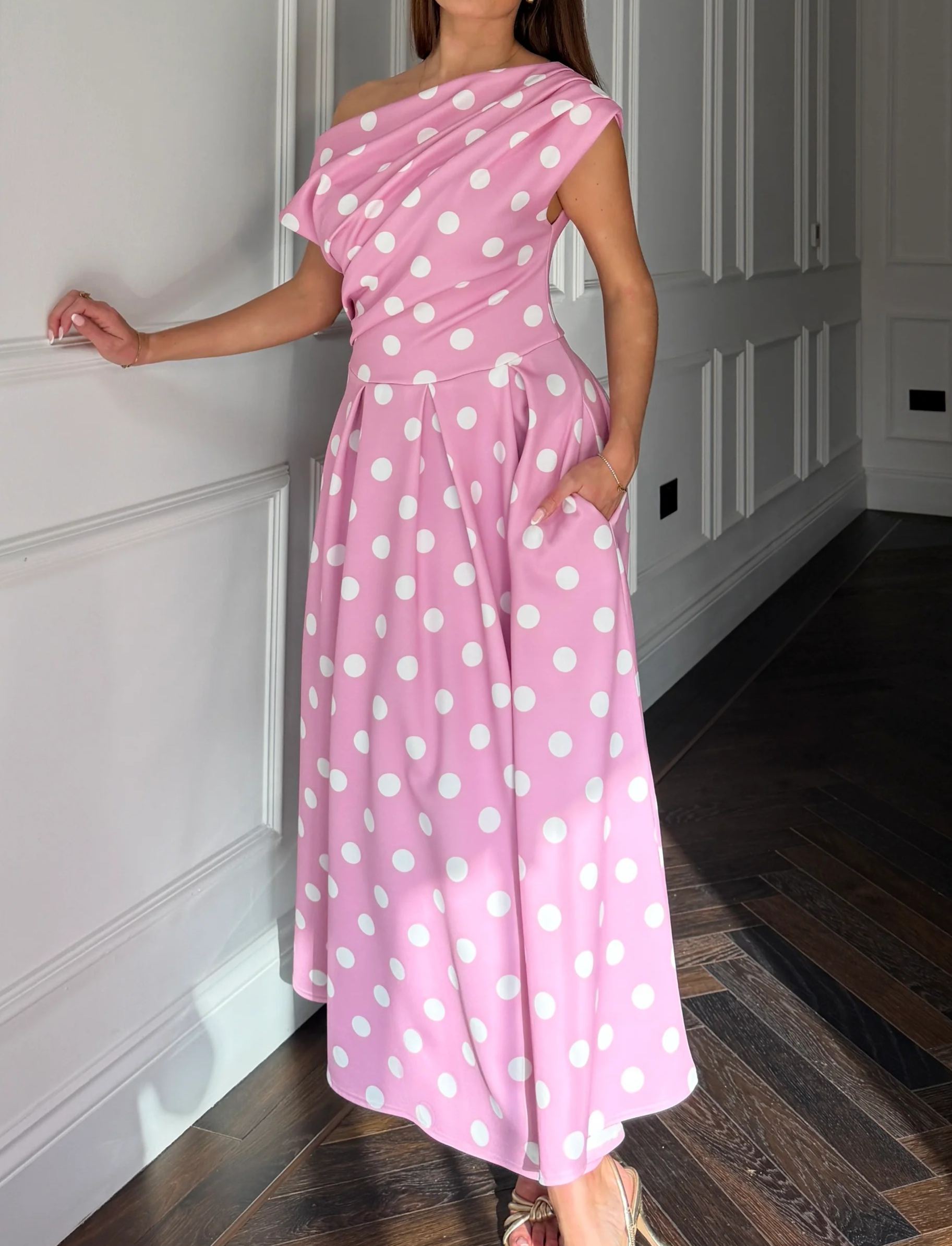 [Copy]Elegant Off-Shoulder Midi Dress for Women, Pink Formal Cocktail Party Dress