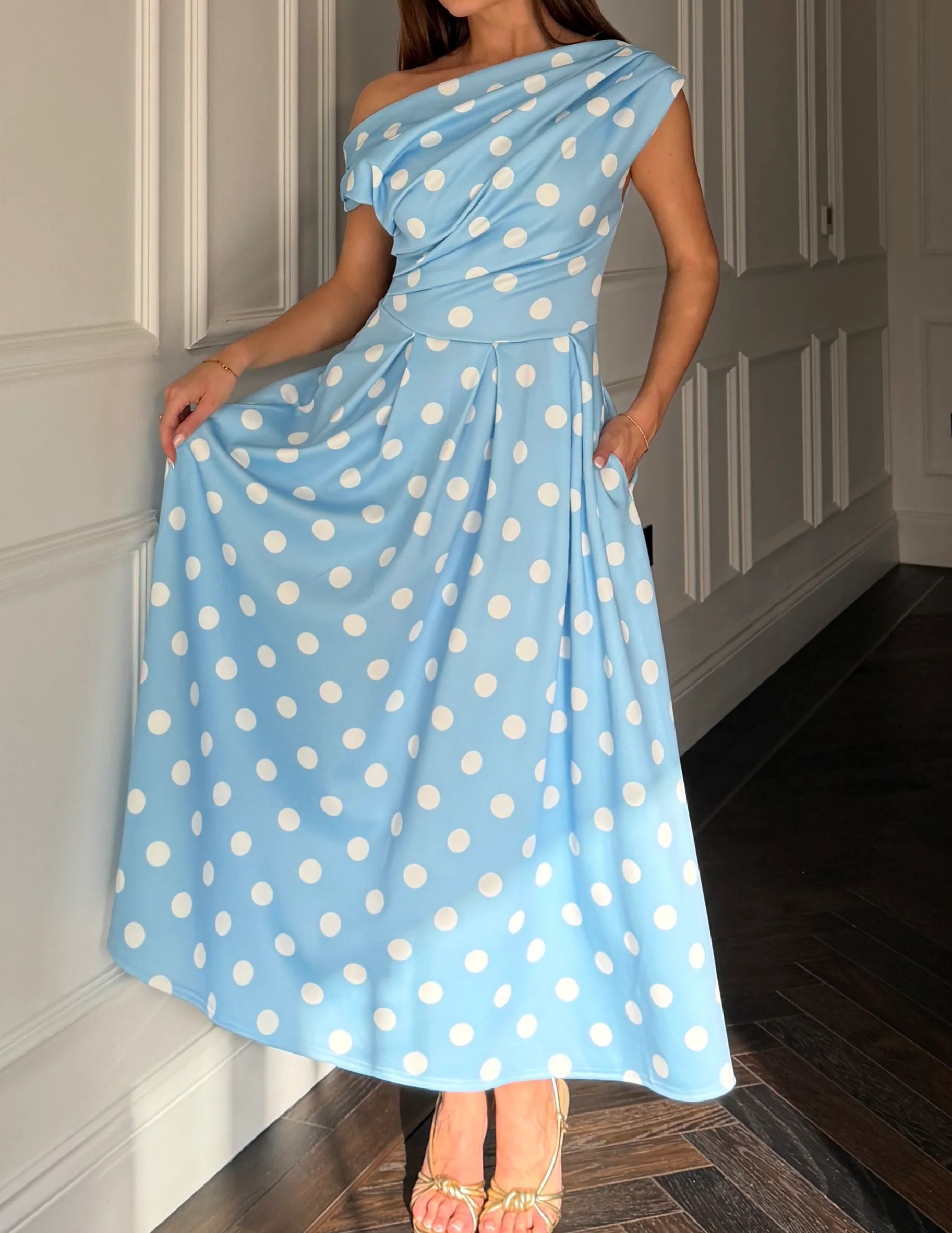 [Copy]Elegant Off-Shoulder Midi Dress for Women, Pink Formal Cocktail Party Dress