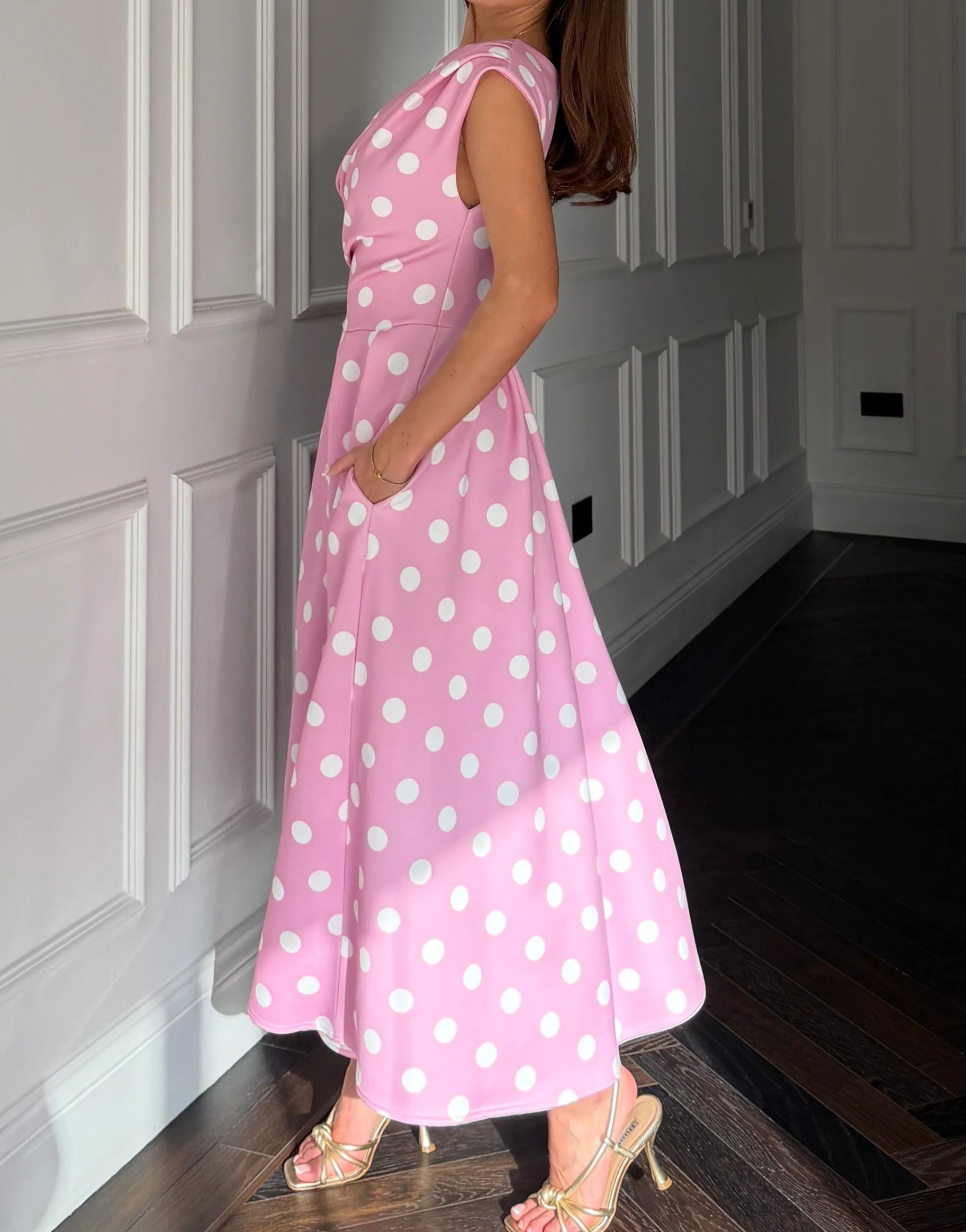 [Copy]Elegant Off-Shoulder Midi Dress for Women, Pink Formal Cocktail Party Dress