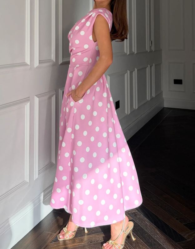 [Copy]Elegant Off-Shoulder Midi Dress for Women, Pink Formal Cocktail Party Dress