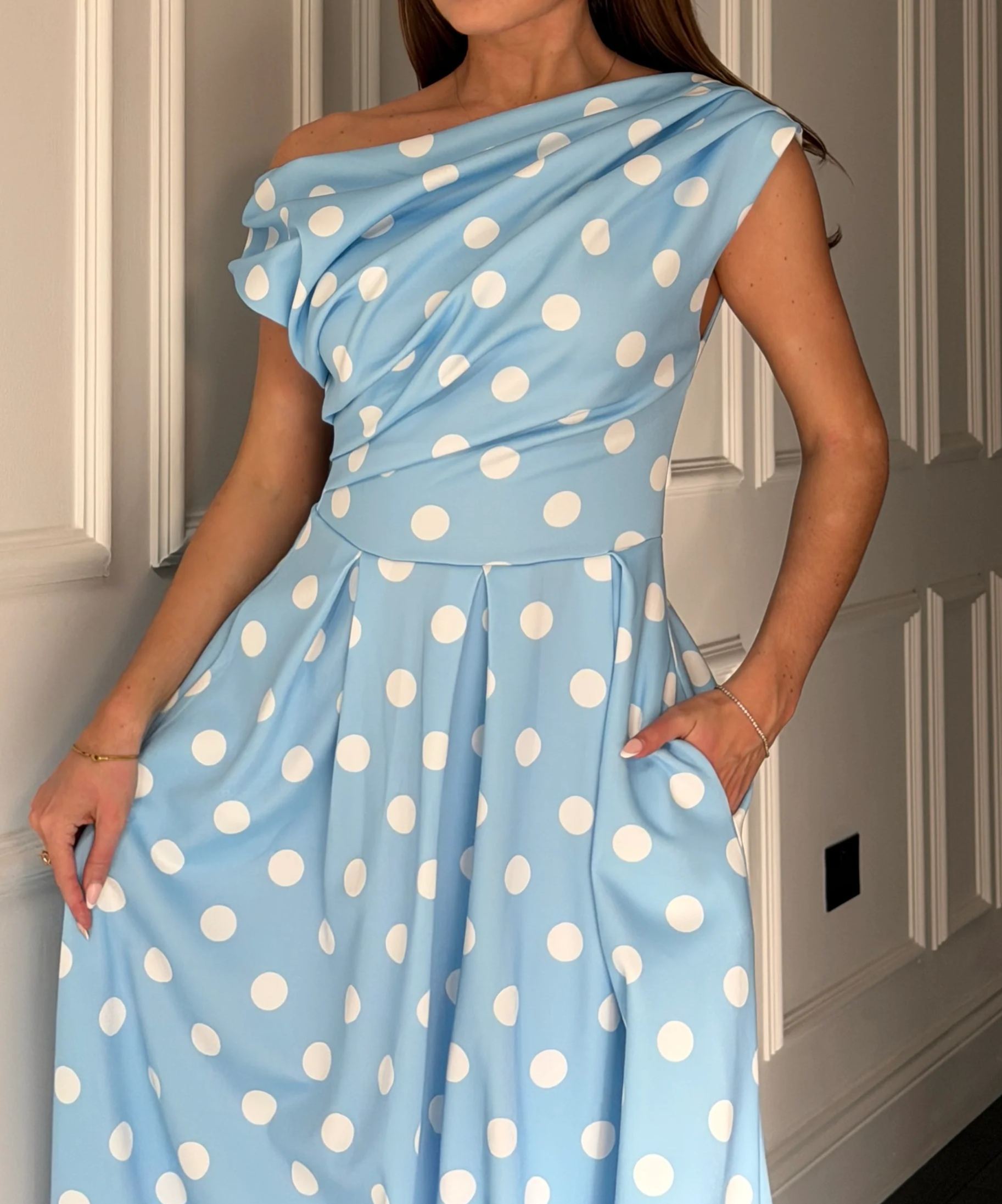 [Copy]Elegant Off-Shoulder Midi Dress for Women, Pink Formal Cocktail Party Dress