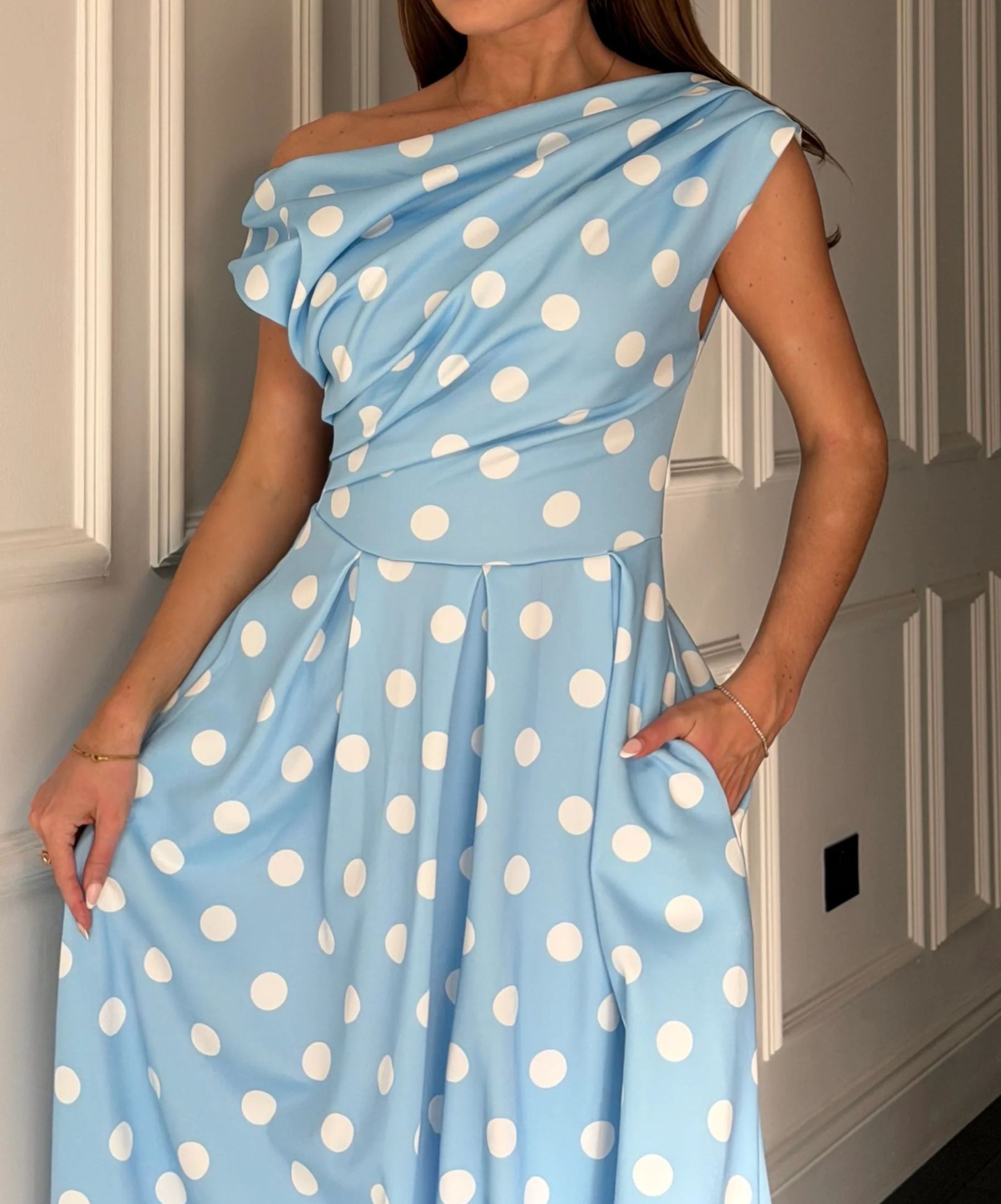 [Copy]Elegant Off-Shoulder Midi Dress for Women, Pink Formal Cocktail Party Dress