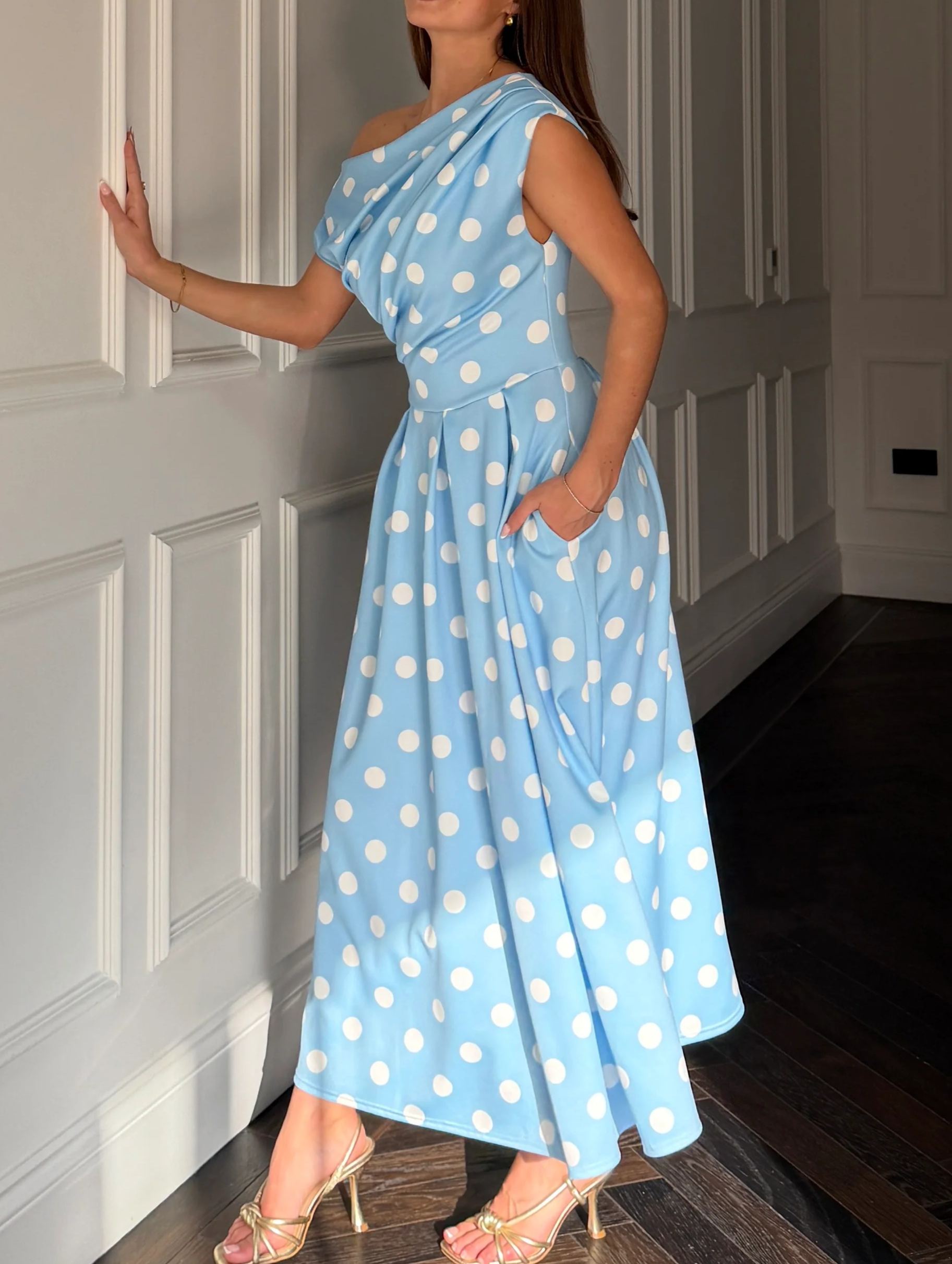 [Copy]Elegant Off-Shoulder Midi Dress for Women, Pink Formal Cocktail Party Dress