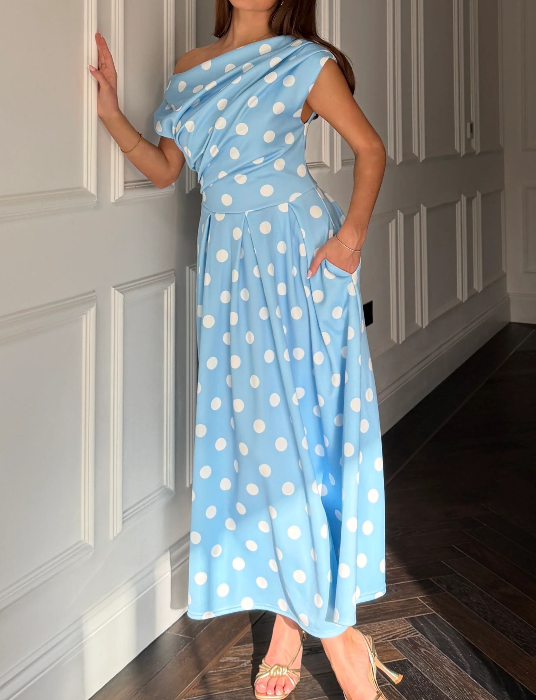 [Copy]Elegant Off-Shoulder Midi Dress for Women, Pink Formal Cocktail Party Dress