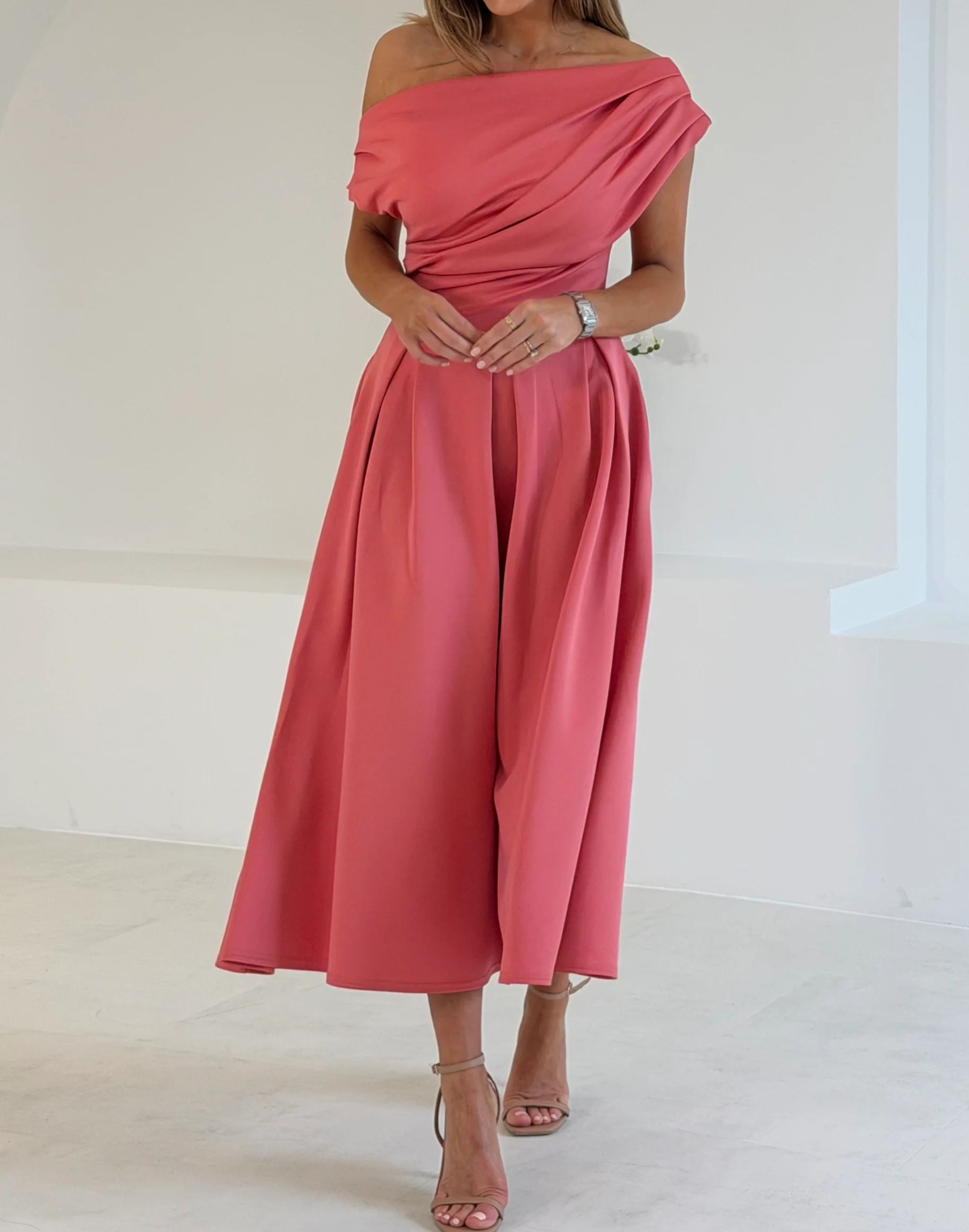 [Copy]Elegant Pink Floral Off-Shoulder Midi Dress, Formal Evening Gown for Women