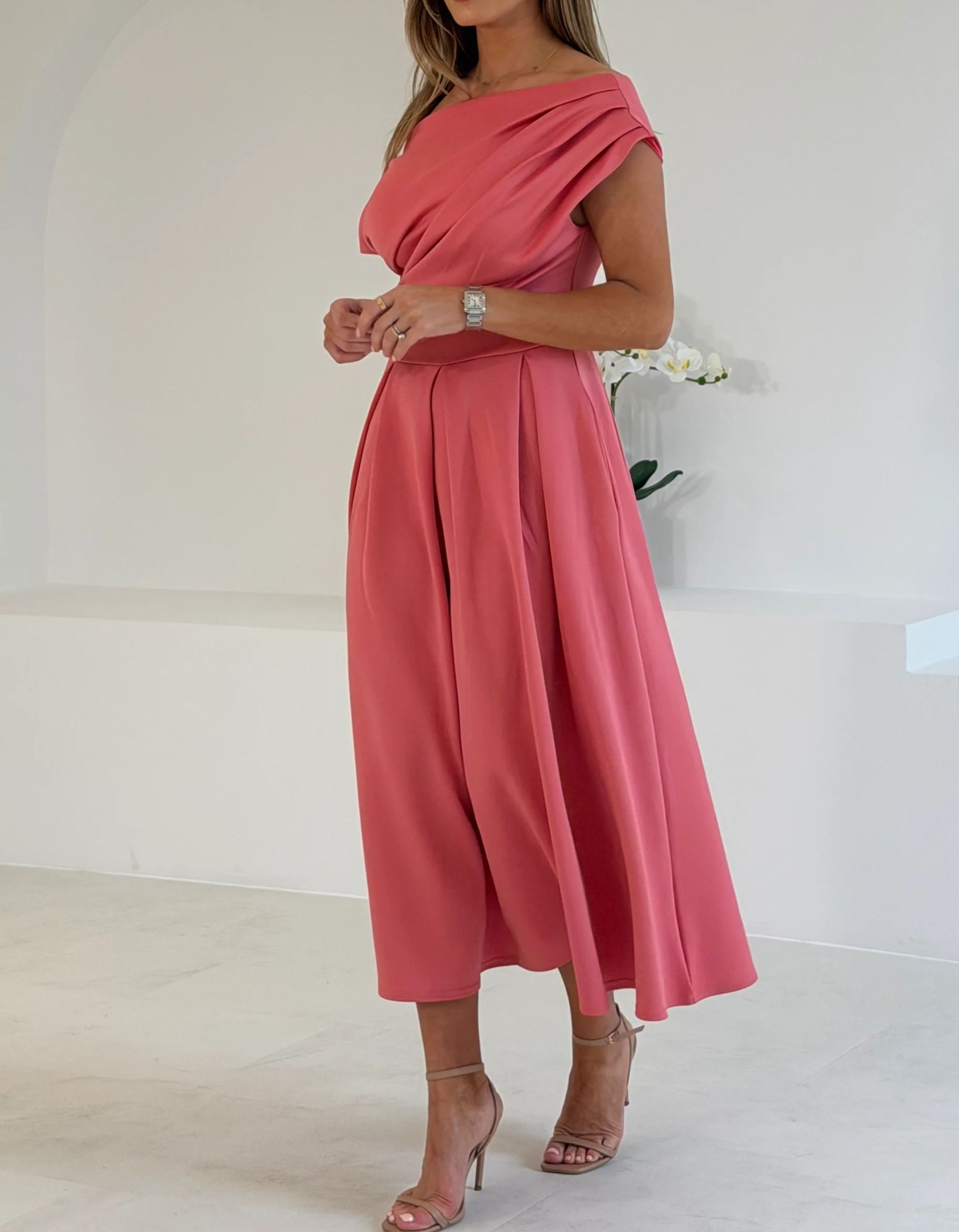 [Copy]Elegant Pink Floral Off-Shoulder Midi Dress, Formal Evening Gown for Women