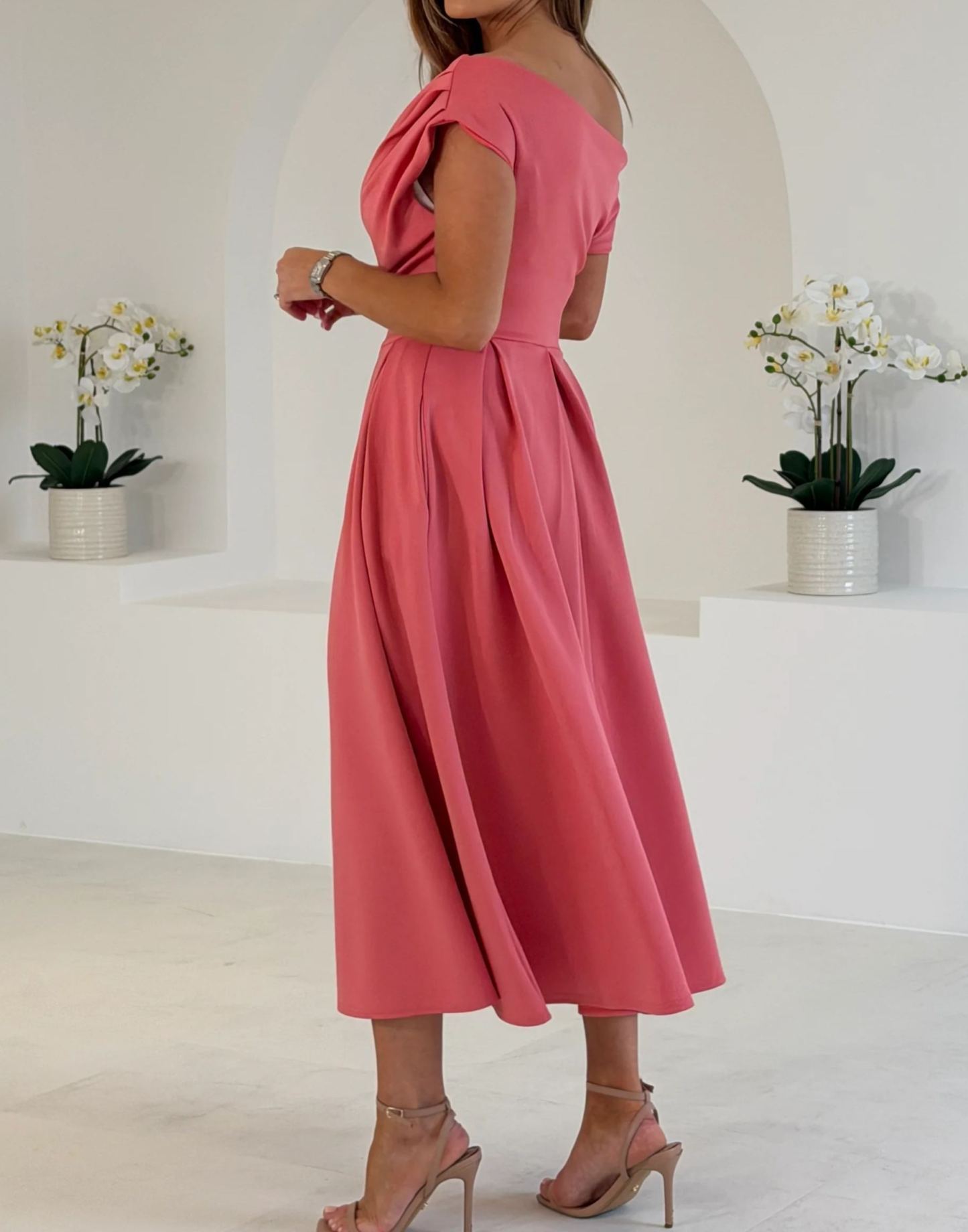 [Copy]Elegant Pink Floral Off-Shoulder Midi Dress, Formal Evening Gown for Women