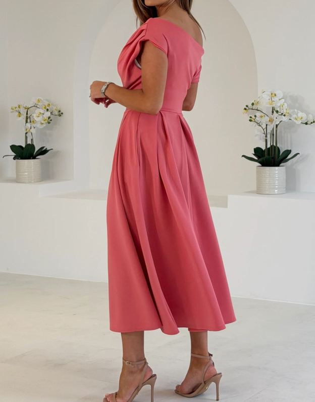 [Copy]Elegant Pink Floral Off-Shoulder Midi Dress, Formal Evening Gown for Women