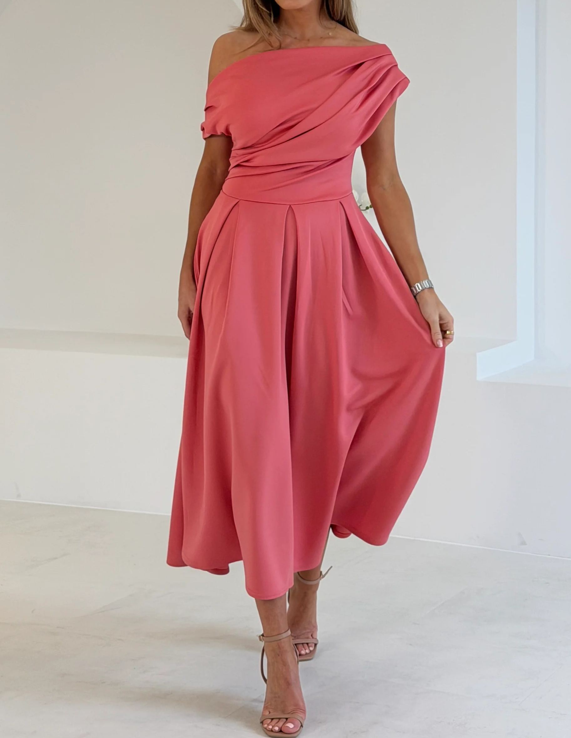 [Copy]Elegant Pink Floral Off-Shoulder Midi Dress, Formal Evening Gown for Women