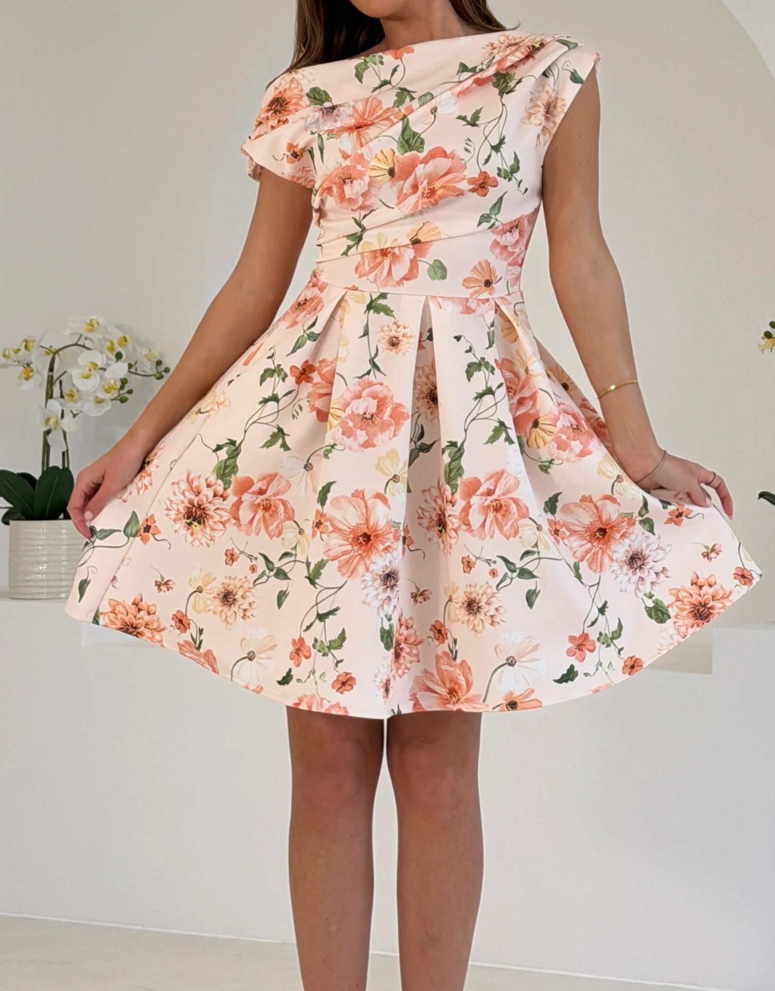 [Copy]Elegant Coral Pink Off-Shoulder Midi Dress, Formal Evening Gown for Women