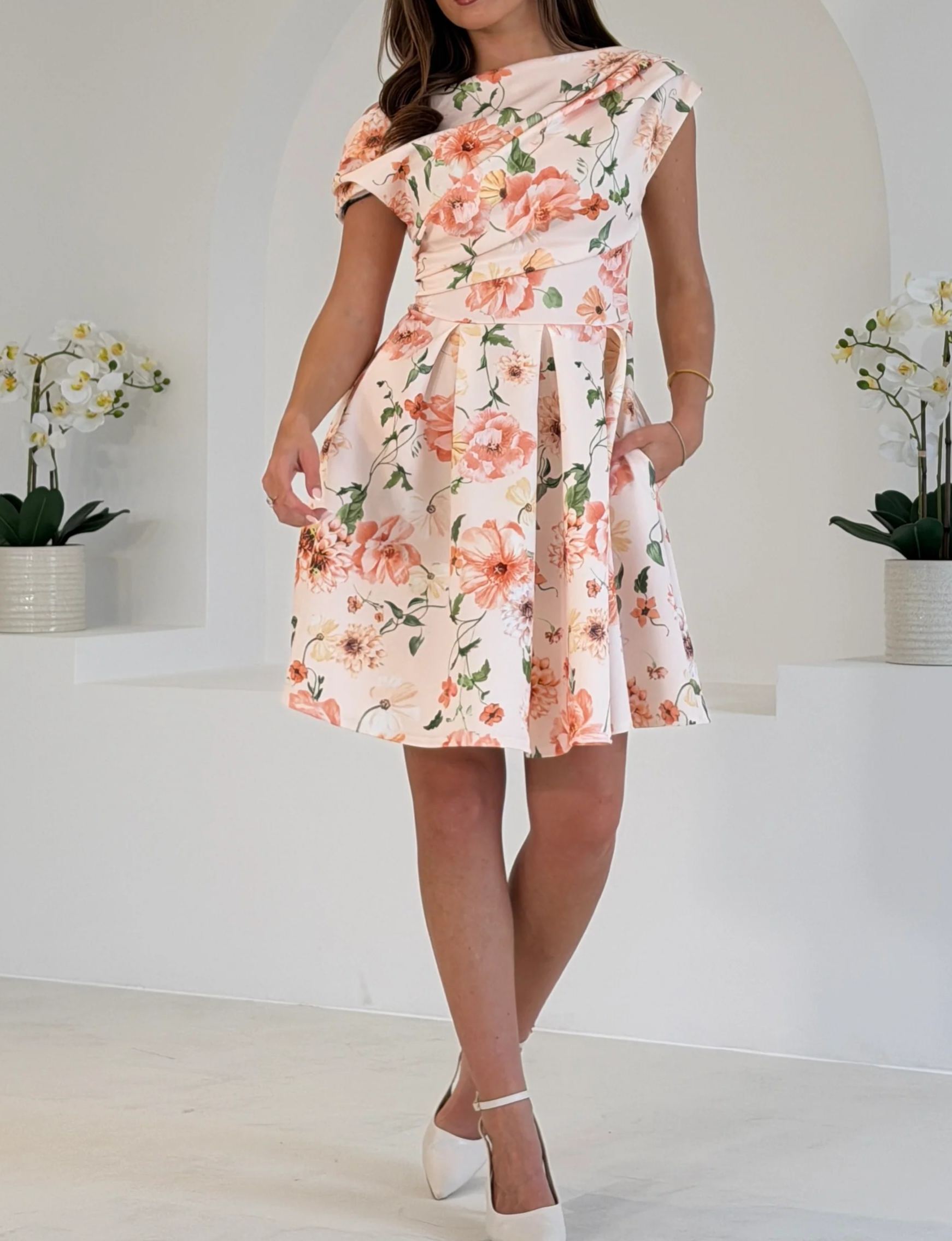 [Copy]Elegant Coral Pink Off-Shoulder Midi Dress, Formal Evening Gown for Women