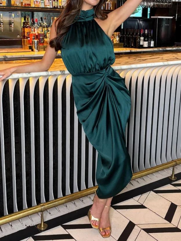 [Copy]Elegant Mint Green Cowl Neck Midi Dress, Ruched Waist Formal Cocktail Dress