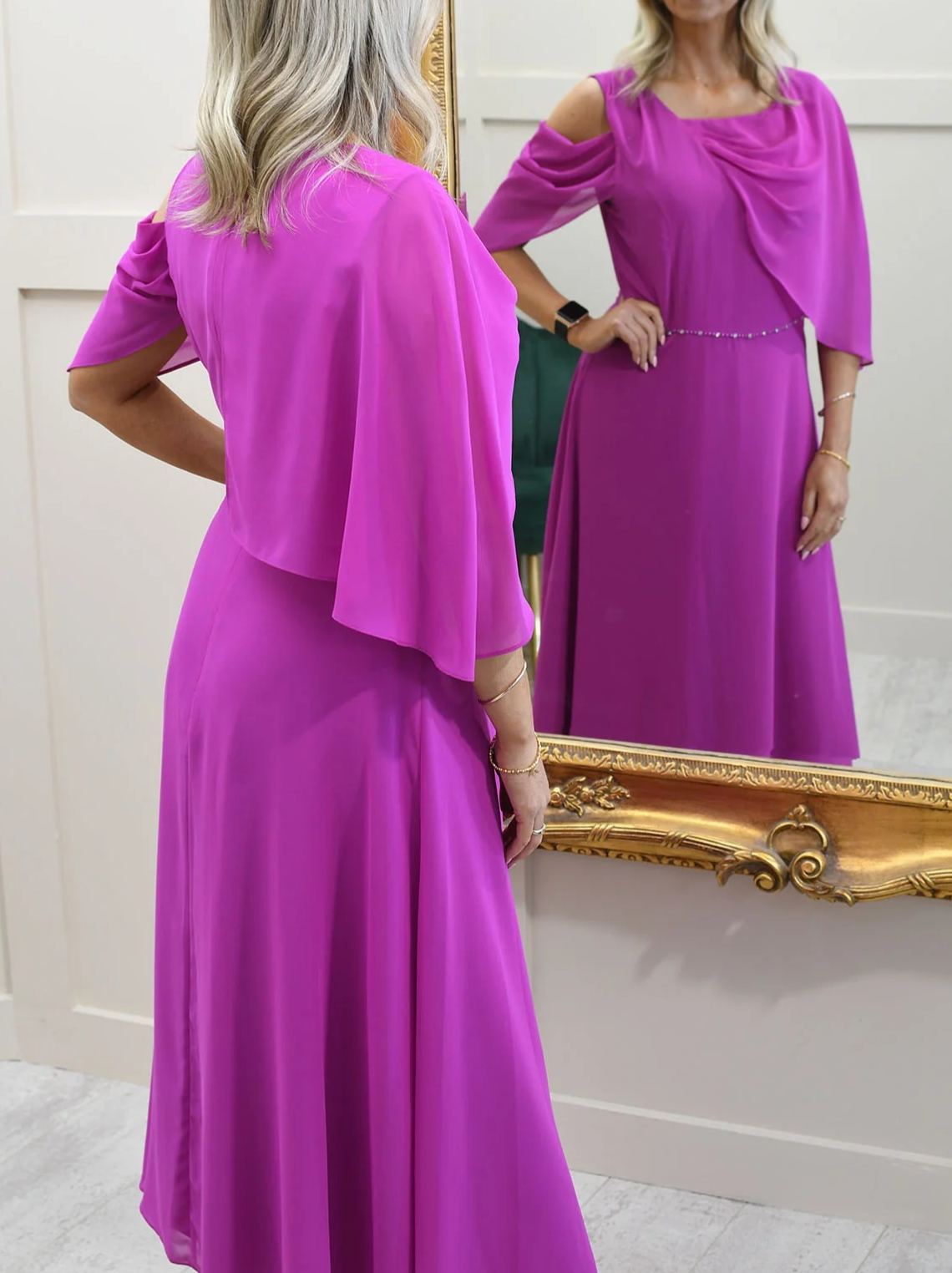 [Copy]Elegant Watercolor Floral Off-Shoulder Midi Dress, Formal Gown with Pockets