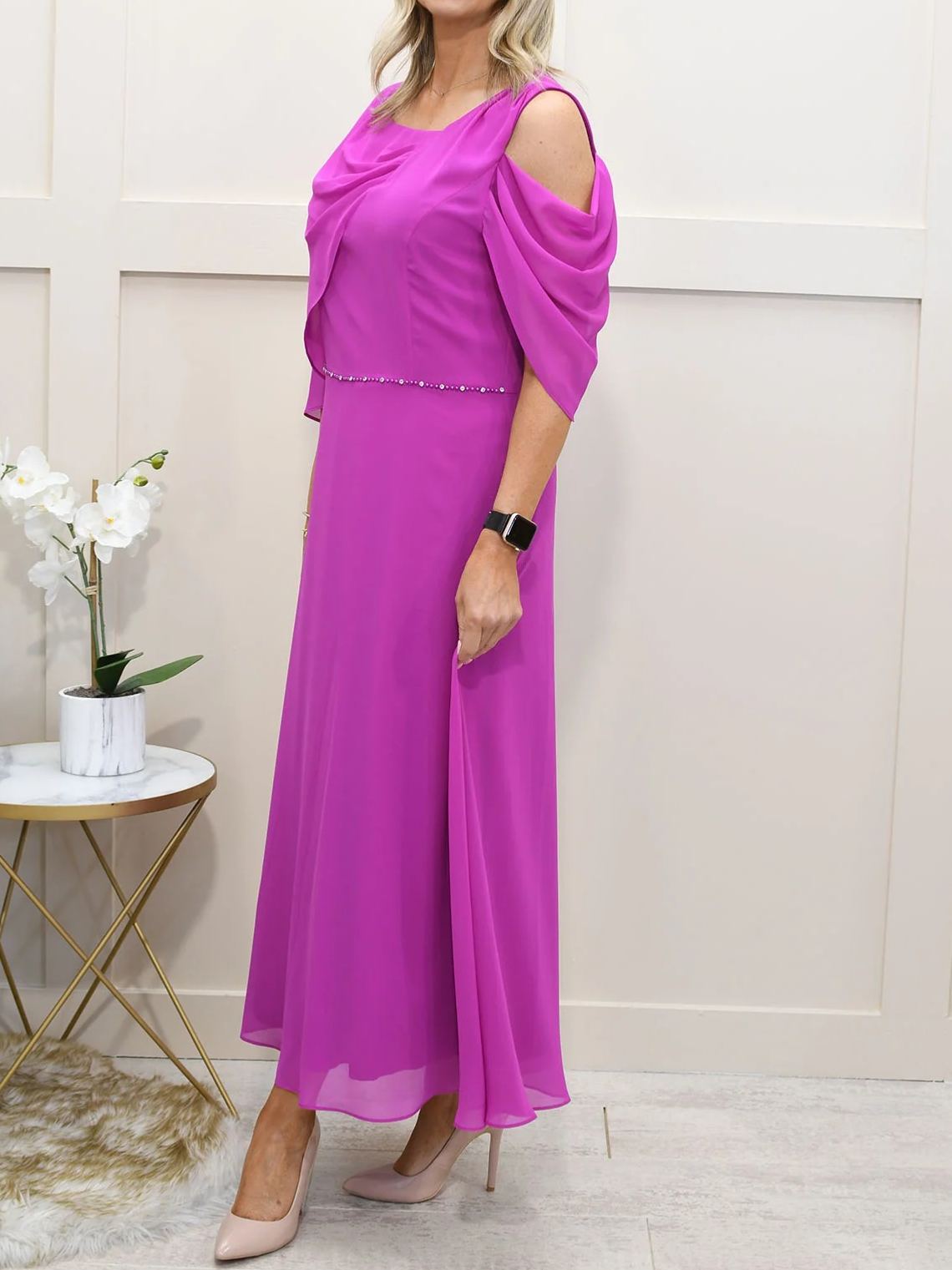 [Copy]Elegant Watercolor Floral Off-Shoulder Midi Dress, Formal Gown with Pockets