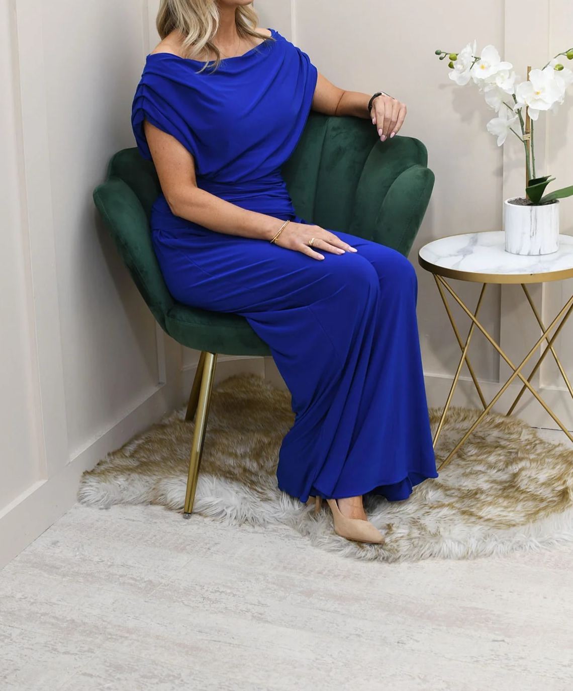 [Copy]Elegant Royal Blue Chiffon Midi Dress, Formal Gown with Beaded Waist