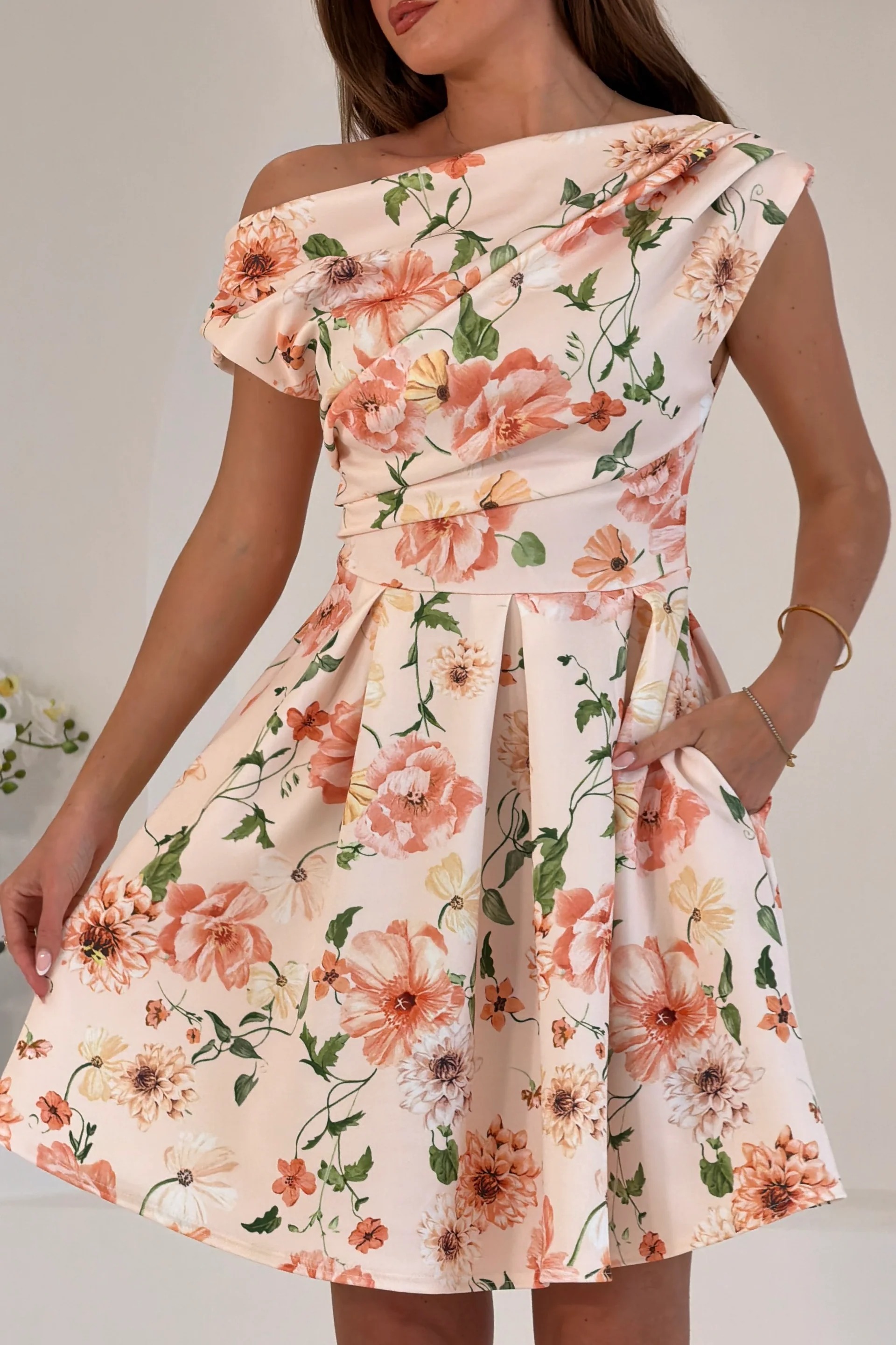 Elegant Peach Floral Asymmetrical Neck Mini Dress, Formal Cocktail Dress for Women