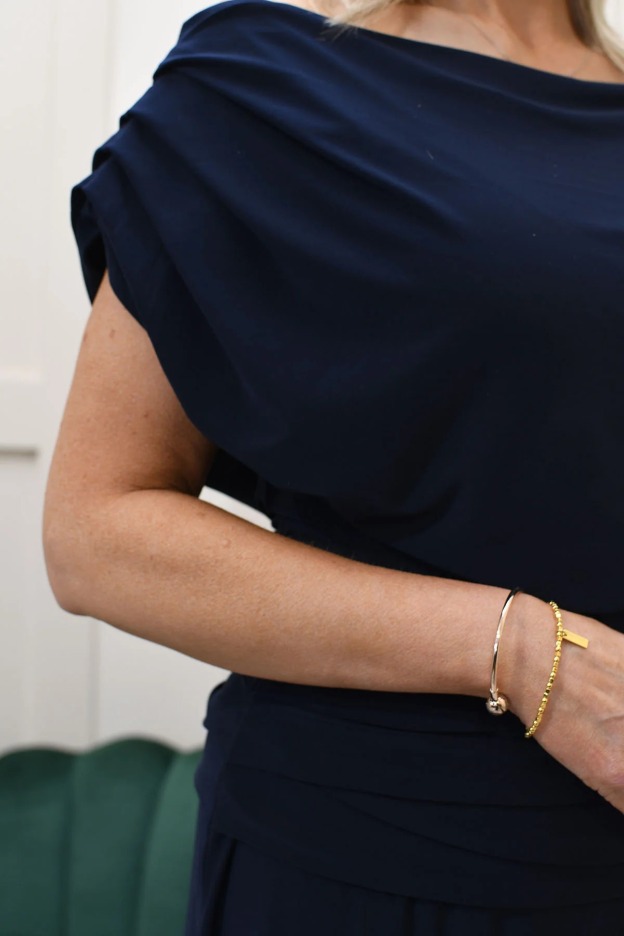 Chic Navy Floral Off-Shoulder Jumpsuit, Vibrant Hibiscus Print Wide Leg Romper for Ladies