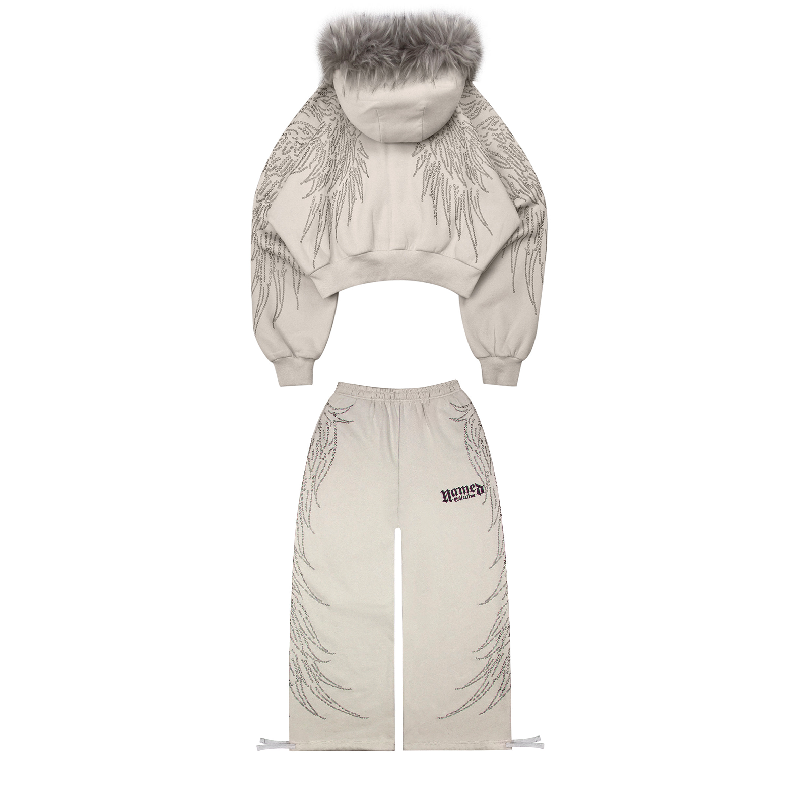 FAUX FUR RHINESTONE SET（White）